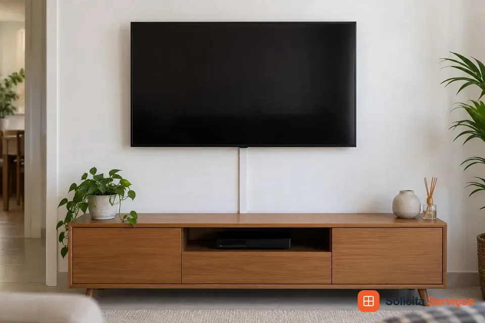 Ilustração gerada por IA: televisão acima de um rack com canaleta externa branca abaixo. A canaleta representa uma possibilidade de acabamento para o caminho dos cabos aparentes. Sua aplicação depende dos equipamentos conectados e das condições existentes no imóvel. Combine materiais e trajeto desejado, distinguindo essa tarefa de novas tomadas ou reformas. A referência é ilustrativa e não deve ser apresentada como fotografia de serviço executado.