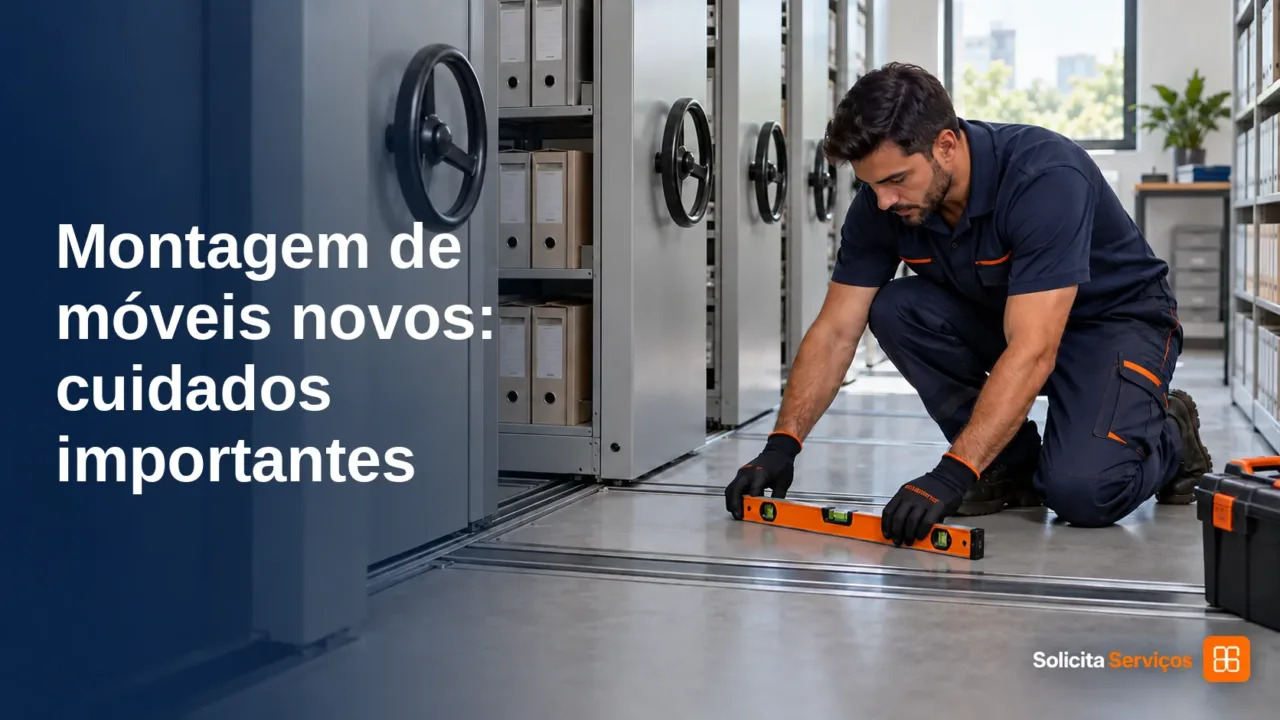 Ilustração de montador conferindo móveis de escritório, como ilustração do serviço profissional de montagem; título: Montagem de móveis novos: cuidados importantes