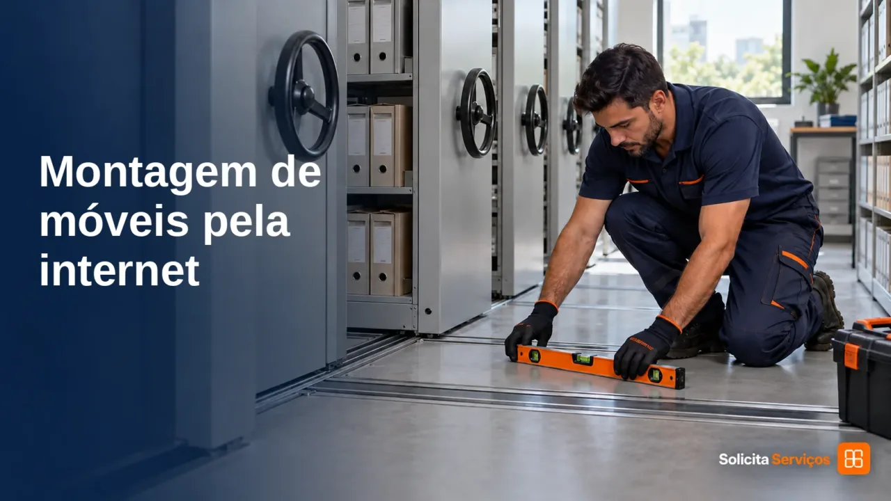 Ilustração de montador conferindo móveis de escritório, como ilustração do serviço profissional de montagem; título: Montagem de móveis pela internet