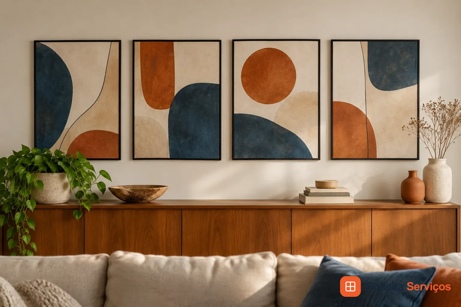 Ilustração digital de quatro quadros verticais em uma única fileira. As artes geométricas usam creme, ferrugem e azul escuro em molduras pretas. Um aparador de madeira, vasos e plantas compõem o cenário de referência. Para solicitar uma composição semelhante, envie a ordem desejada e as medidas das peças. Exemplo ilustrativo; não é fotografia de atendimento nem prova de serviço de Adriel.