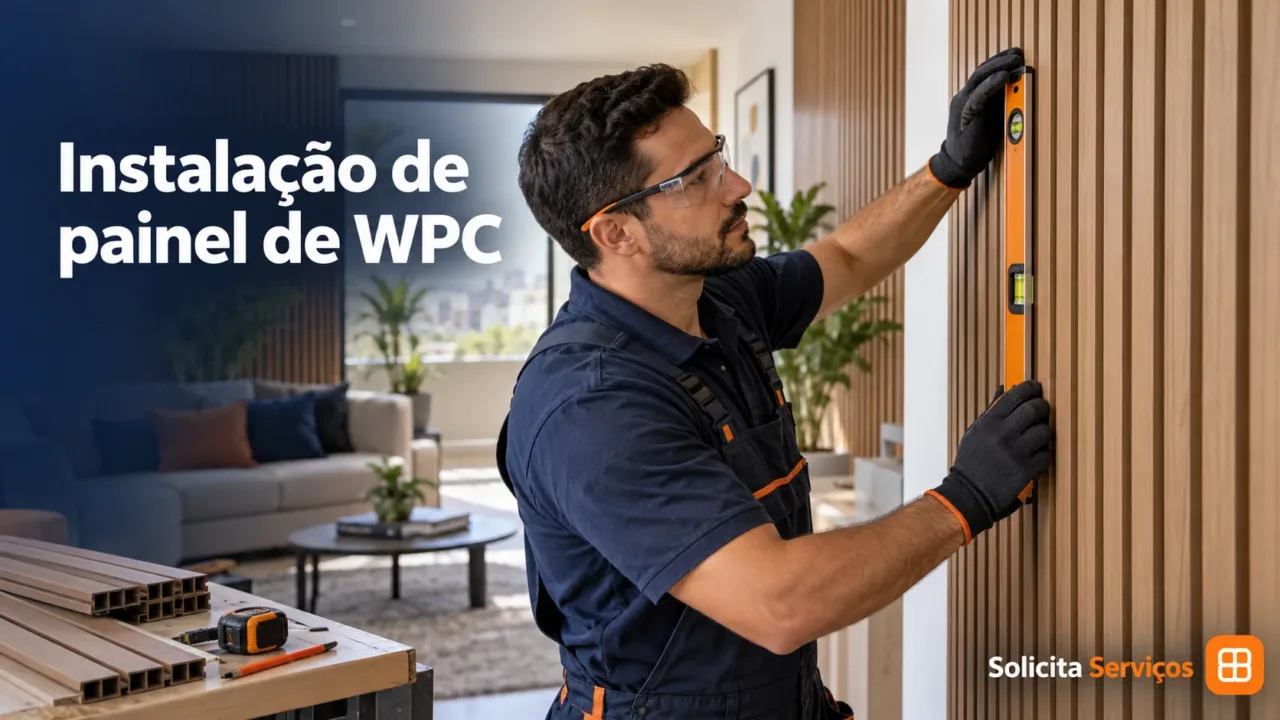 Ilustração de instalação de painel de WPC com a marca d’água Solicita Serviços