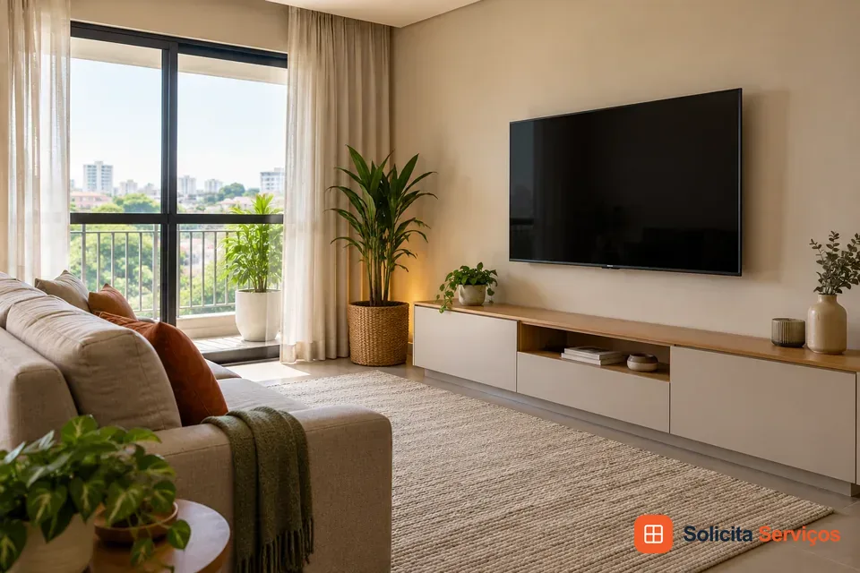 Ilustração gerada por IA: sala com televisão na parede acima de um rack baixo e claro. O enquadramento mostra a relação entre a tela, o sofá e a entrada de luz pela janela. Essas informações ajudam a conversar sobre posição e utilização da TV no seu ambiente. Para pedir uma avaliação, envie fotos do local e informe onde as pessoas costumam assistir. Esta composição não identifica um imóvel real atendido por Adriel em qualquer bairro.