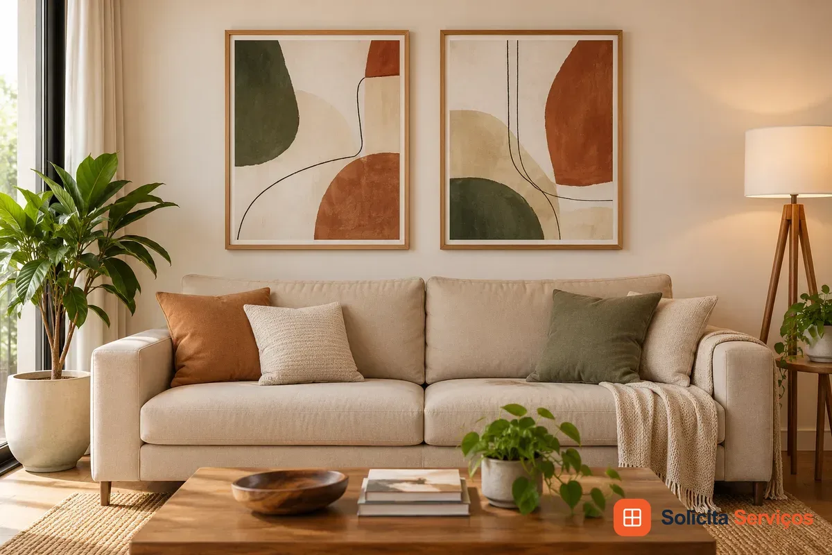 Ilustração digital de dois quadros abstratos sobre um sofá claro. As molduras de madeira delimitam formas em verde e tons terrosos. A composição ajuda a comparar o conjunto com a largura do móvel. Na instalação real, medidas e pontos de apoio dependem das peças e da parede. Imagem de referência visual; não representa uma obra executada por Adriel.