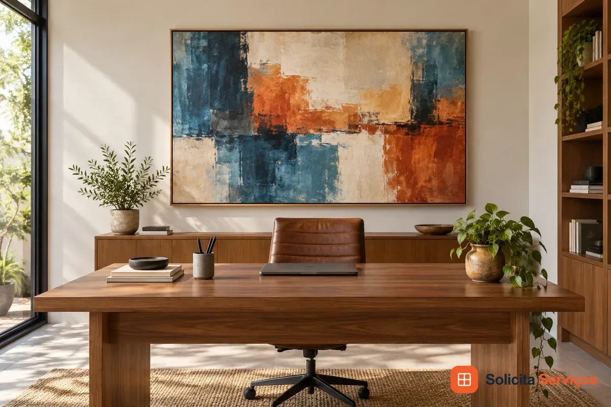 Ilustração digital de um quadro horizontal em um espaço de escritório. A arte usa áreas em azul, ferrugem e creme, com uma moldura discreta. A mesa e a cadeira oferecem referências visuais para avaliar a proporção. Antes do atendimento, informe as medidas externas e os acessórios disponíveis na peça. Exemplo de decoração; não é um registro de serviço realizado por Adriel.