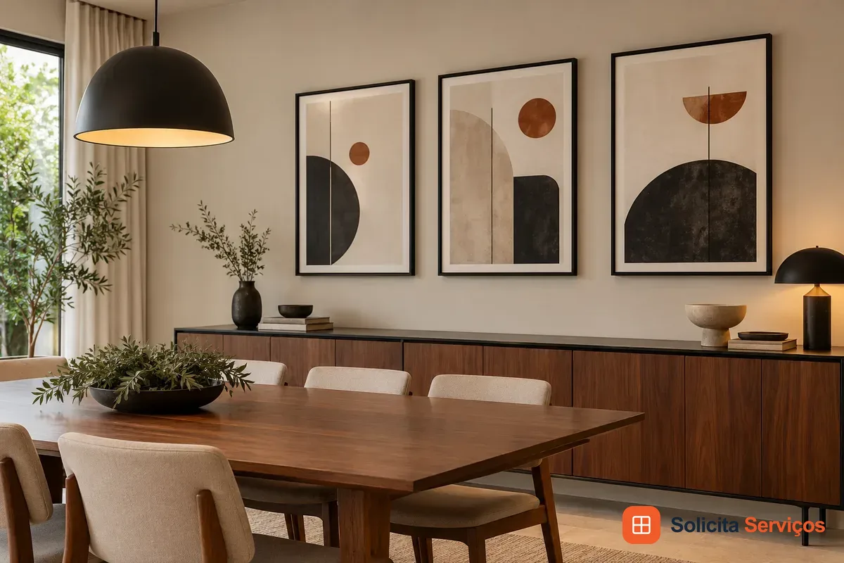 Ilustração digital de três quadros abstratos na parede de uma sala de jantar. As molduras pretas ficam acima de um aparador, com a mesa em primeiro plano. A disposição permite comparar o trio com os móveis que já ocupam o ambiente. Na visita real, a escolha dos pontos de fixação exige avaliação da parede e dos quadros. Cenário de referência, sem indicação de que o trabalho tenha sido executado por Adriel.