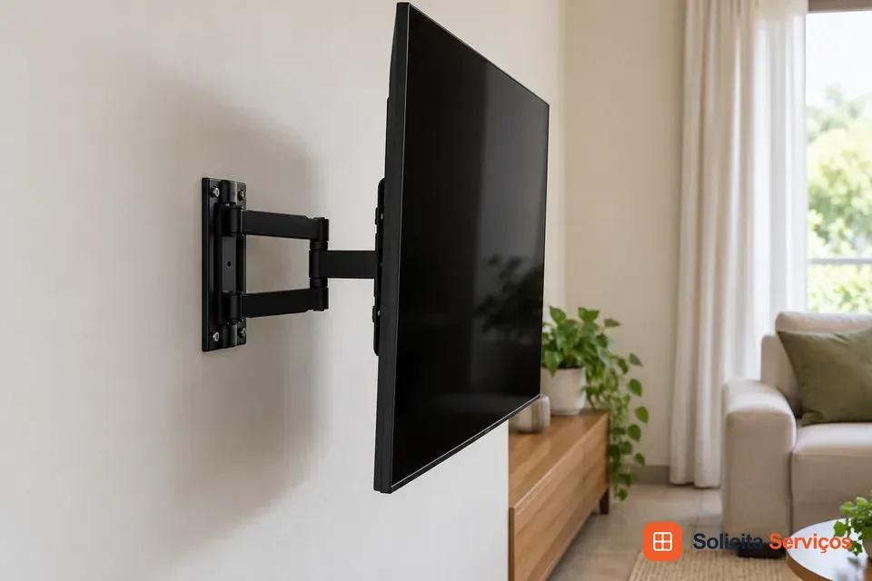 Ilustração gerada por IA: vista lateral de televisão com suporte articulado parcialmente estendido. Os braços aparentes demonstram a ideia de afastar a tela da parede para ajustar sua posição. O espaço necessário para movimentação deve ser considerado no planejamento do ambiente. Envie a referência do suporte e o modelo da TV para consultar a compatibilidade do conjunto. Esta imagem é uma referência visual e não documenta uma instalação executada por Adriel.