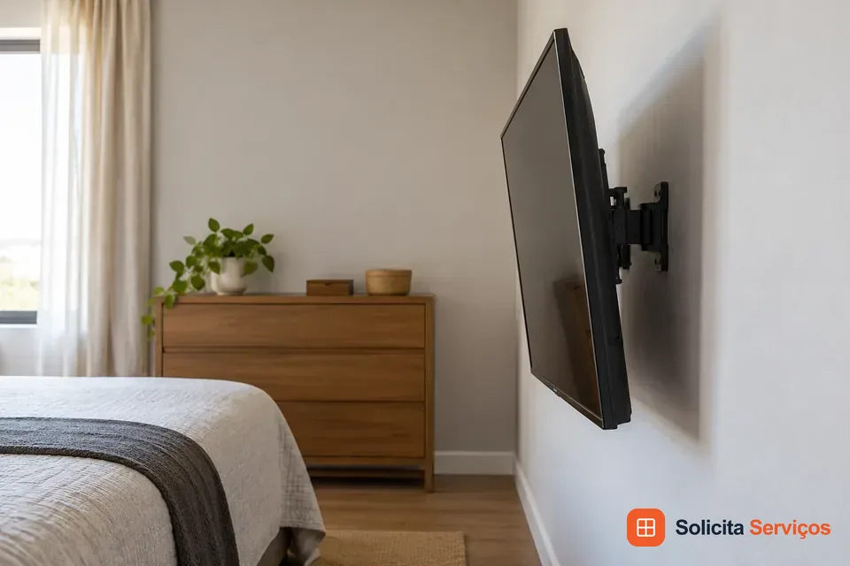 Ilustração gerada por IA: televisão em um quarto com leve inclinação voltada para baixo. A vista lateral representa o ajuste de ângulo disponível em determinados modelos de suporte. A escolha deve considerar a posição de quem assiste e os limites previstos pelo fabricante. Informe o uso pretendido para discutir altura, suporte e acesso aos conectores antes da montagem. A composição ilustra uma possibilidade de ambiente e não comprova um trabalho realizado.