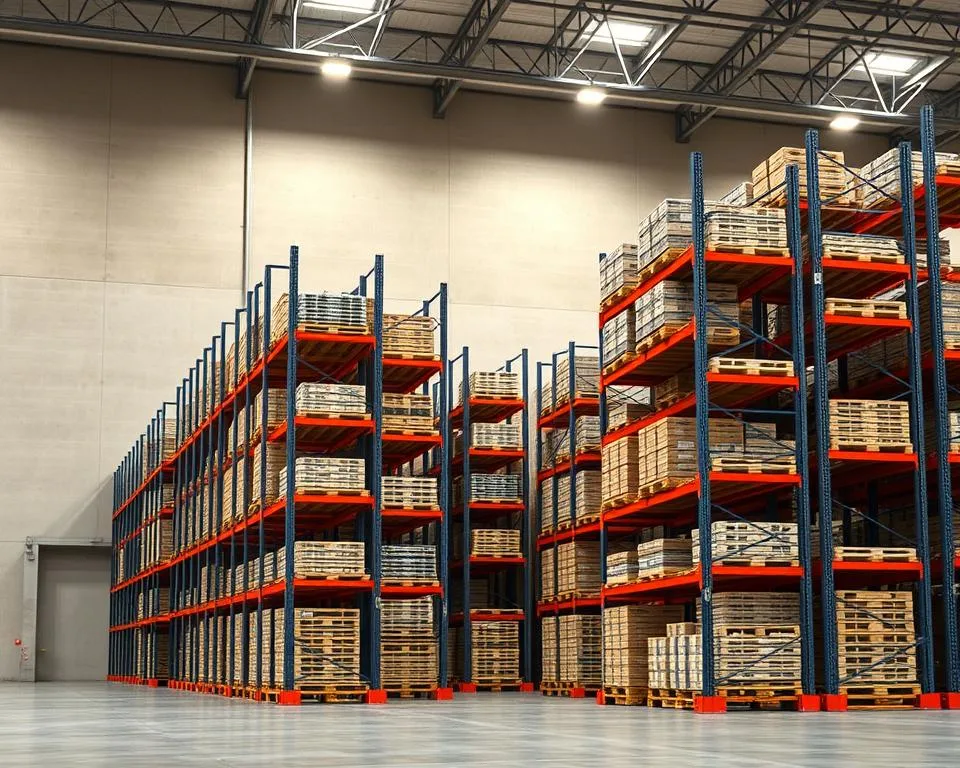 Estruturas porta-paletes com pallets em um galpão