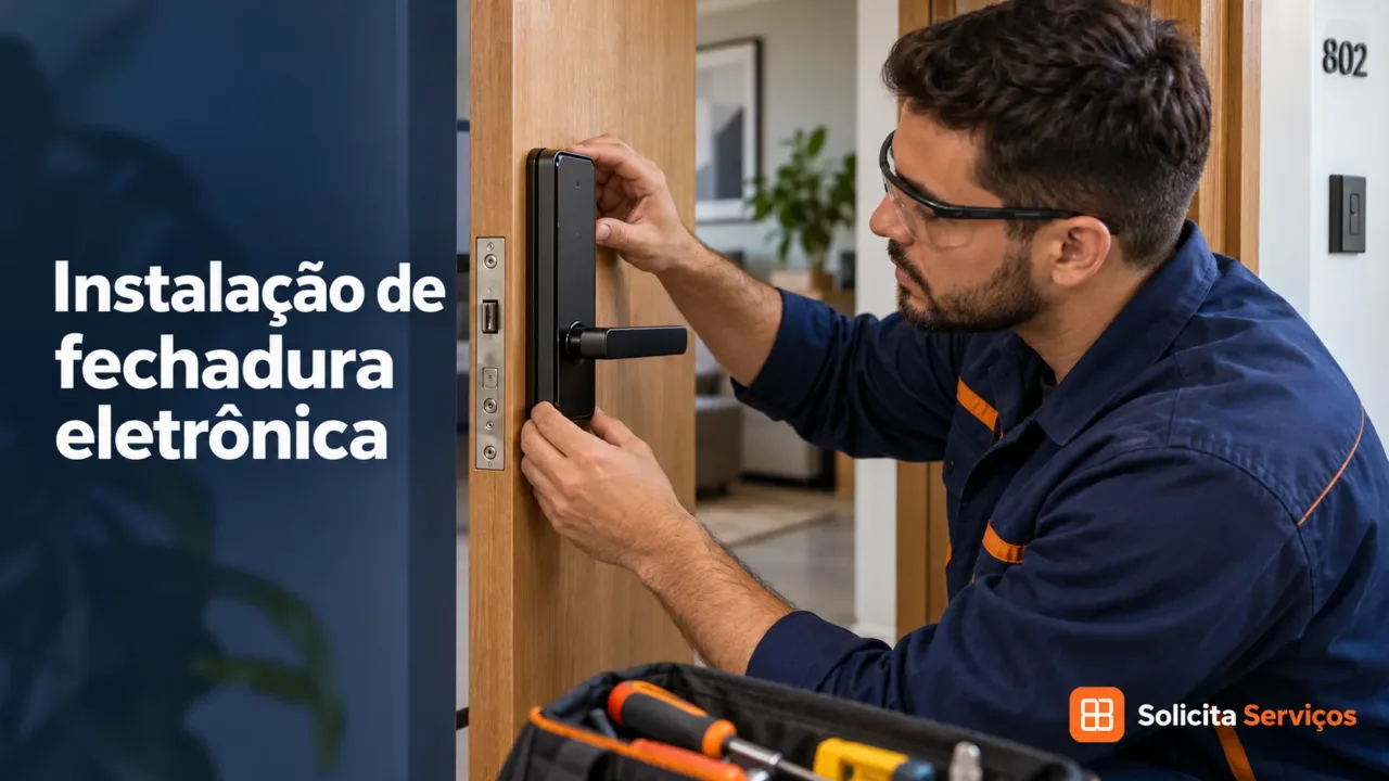 Ilustração de instalação de fechadura eletrônica com a marca d’água Solicita Serviços