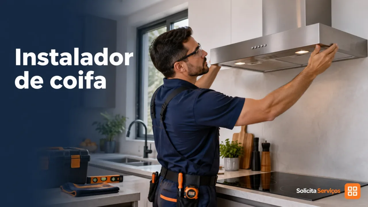 Ilustração de instalador de coifa com a marca d’água Solicita Serviços