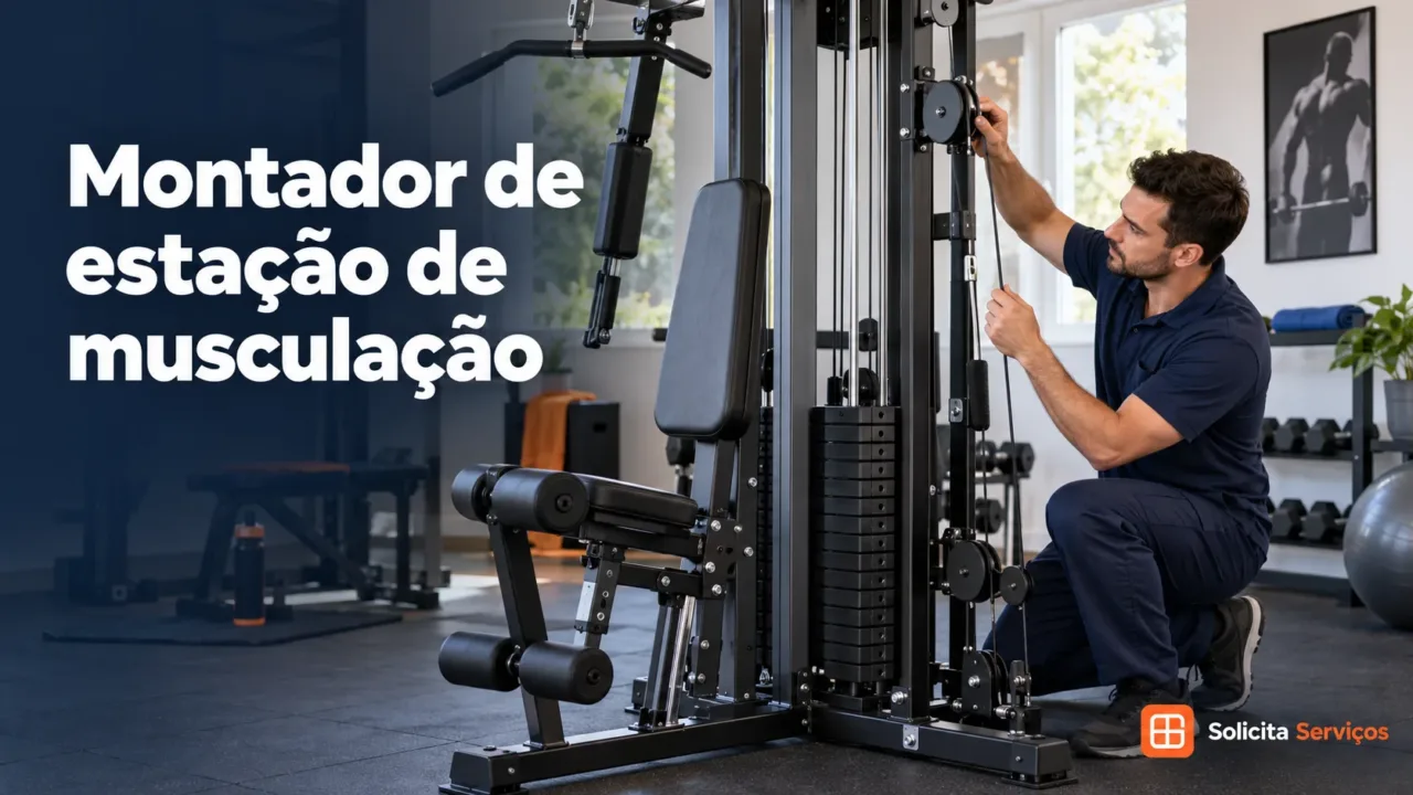 Ilustração de montador de estação de musculação com a marca d’água Solicita Serviços