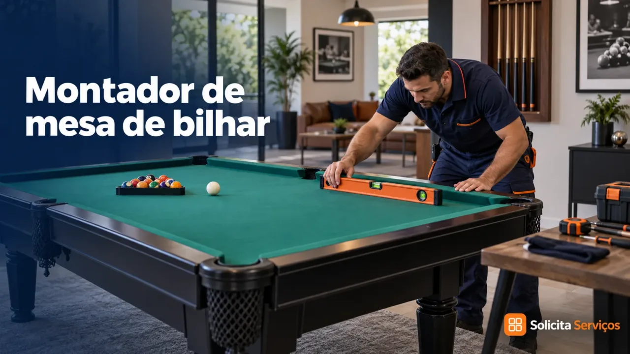 Ilustração de montador de mesa de bilhar com a marca d’água Solicita Serviços