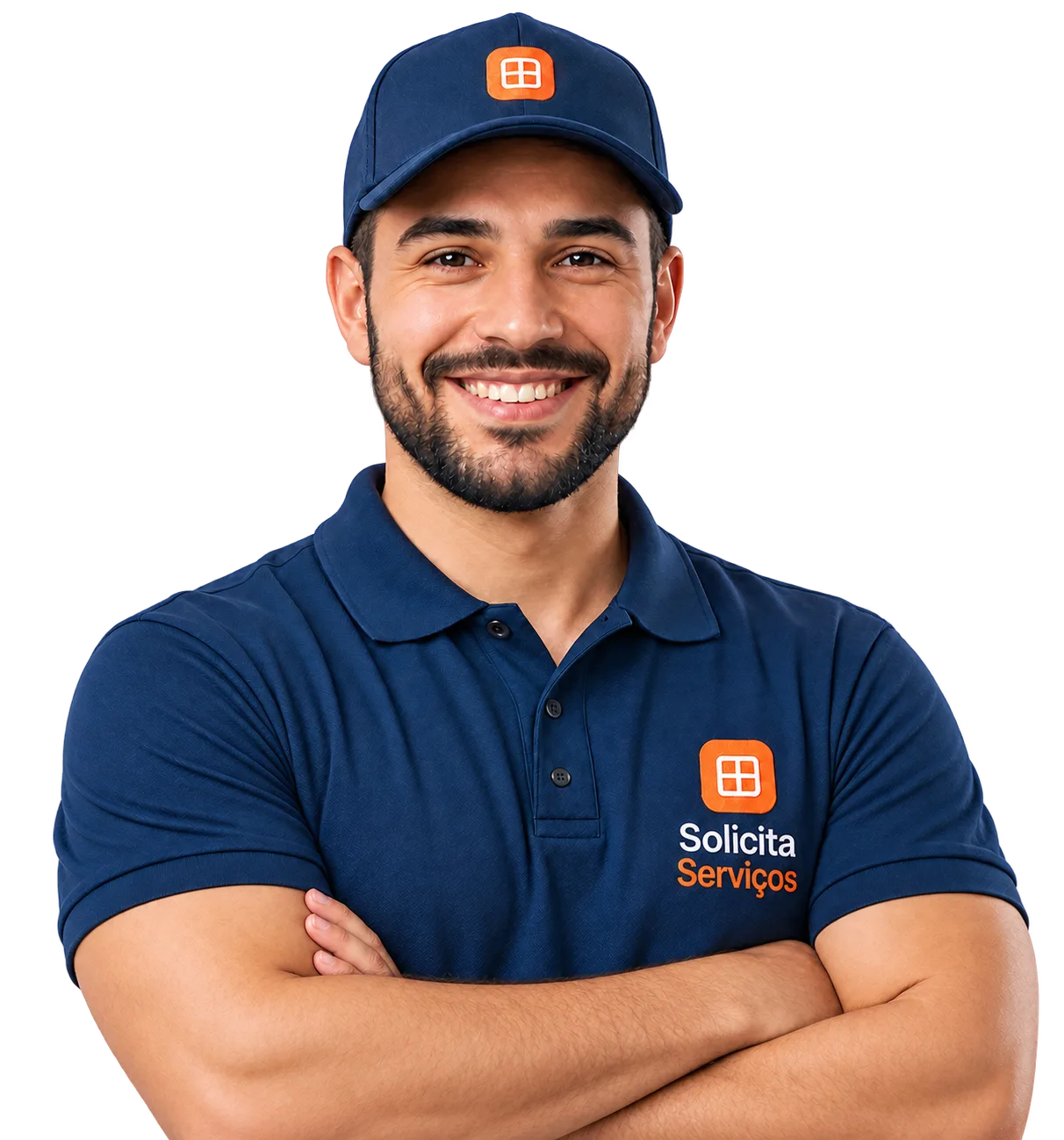 Personagem ilustrativo com uniforme Solicita Serviços e braços cruzados.